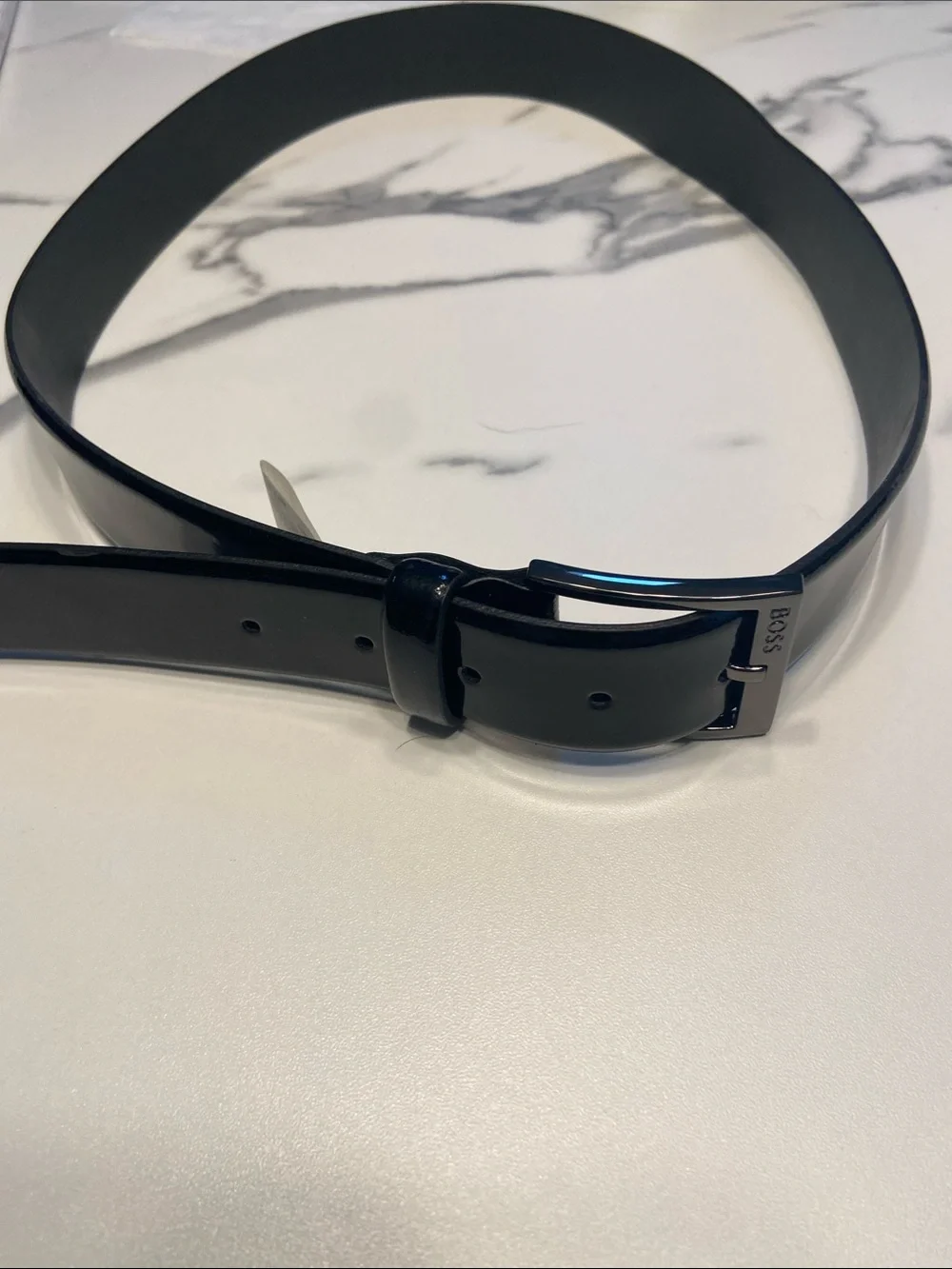 BOSS Black Leather Belt with Brushed Metal Buckle patent leather